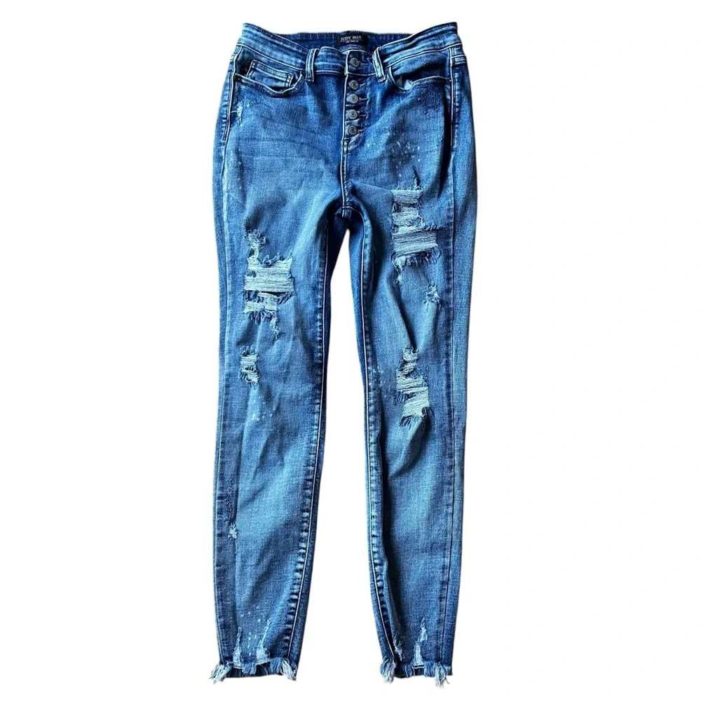 Judy Blue Women's Hi-Rise Skinny Destroyed Button-Fly Jeans Size 29‎